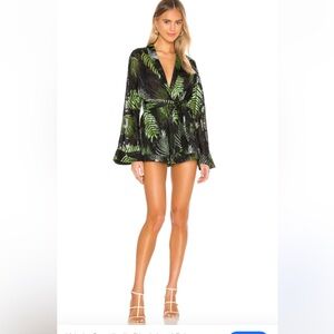 Camila Coelho Black and Green Leaf Print Romper